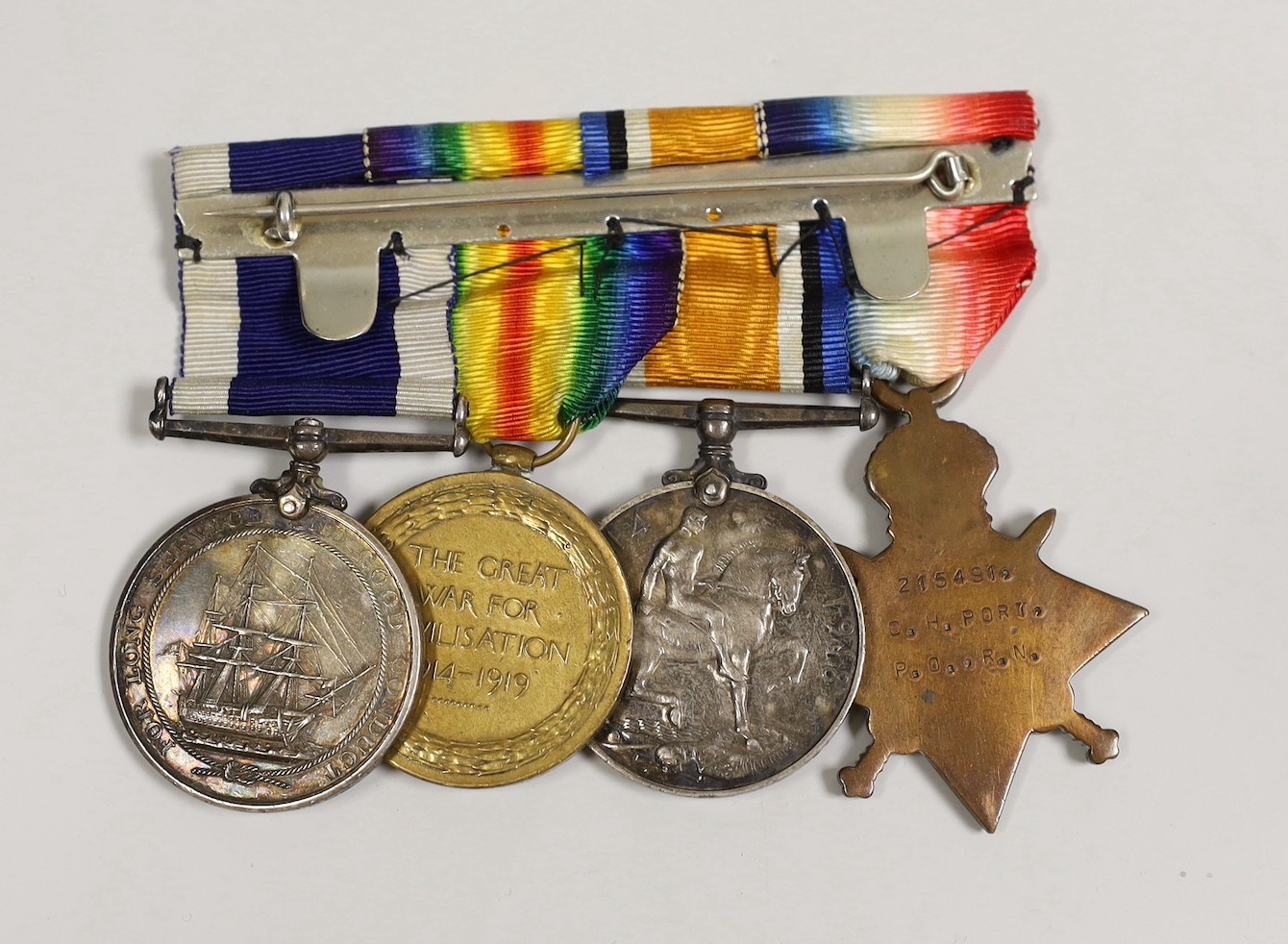 A WWI Royal Naval Long Service Good Conduct medal group to 215491 C.B. PORT P.O. HMS PEMBROKE